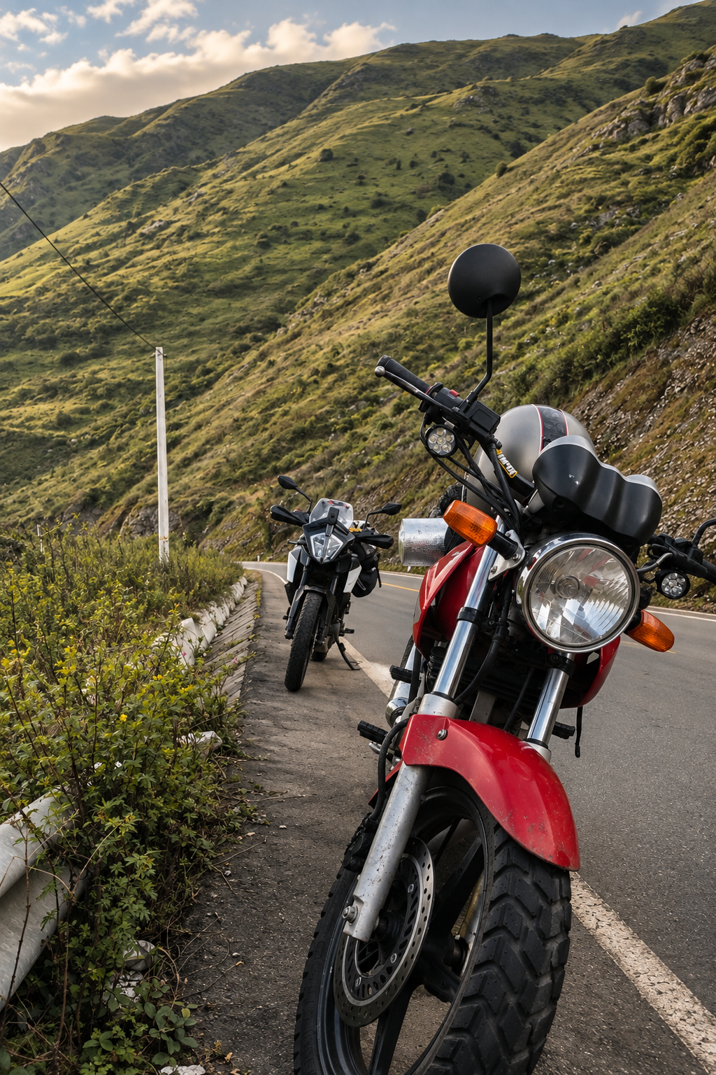 Two motorcycles on a mountain road in Peru